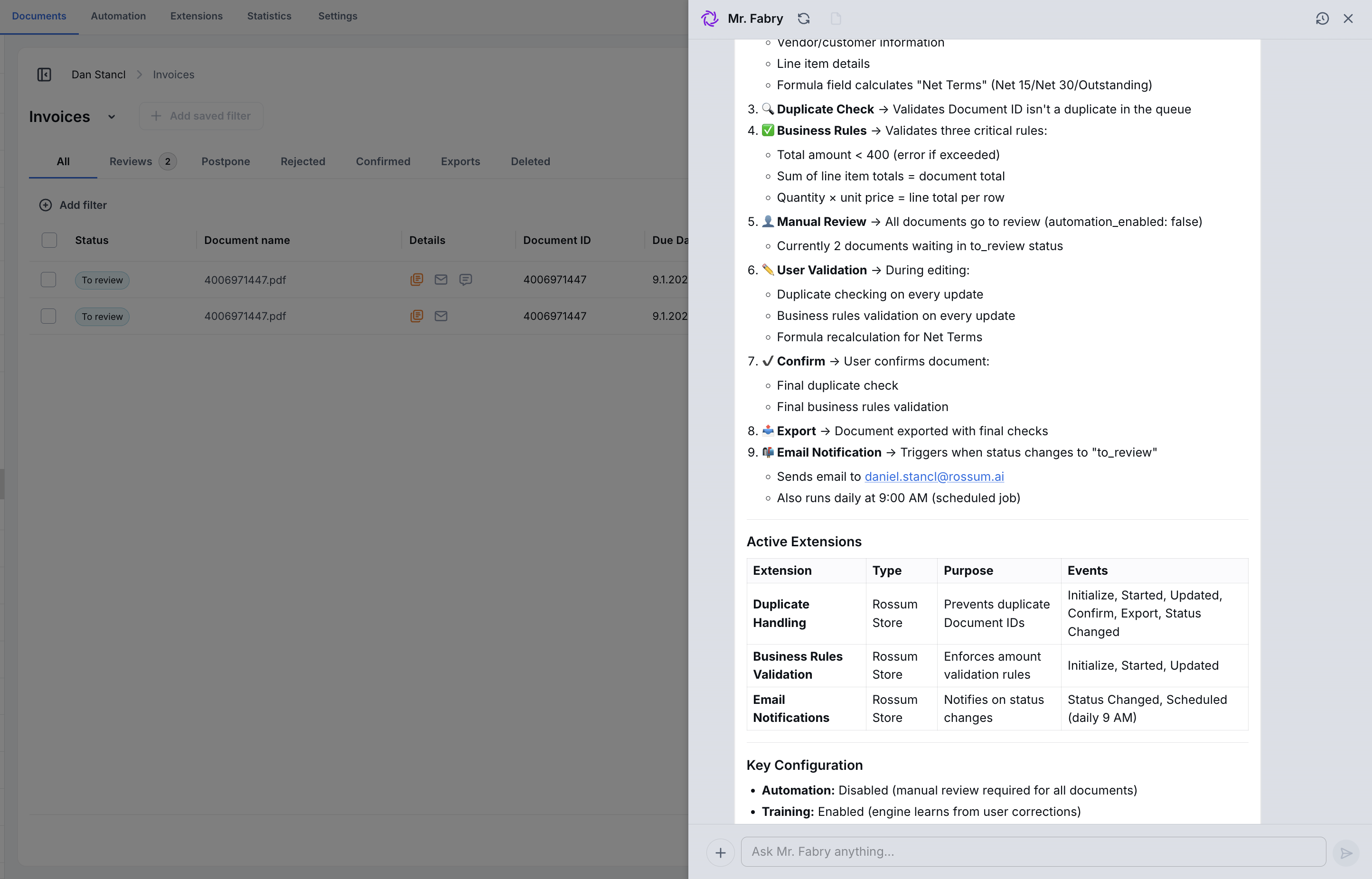 Mr. Fabry displaying a comprehensive queue analysis with 12 active extensions, validation rules, email settings, and automation configuration in a structured response