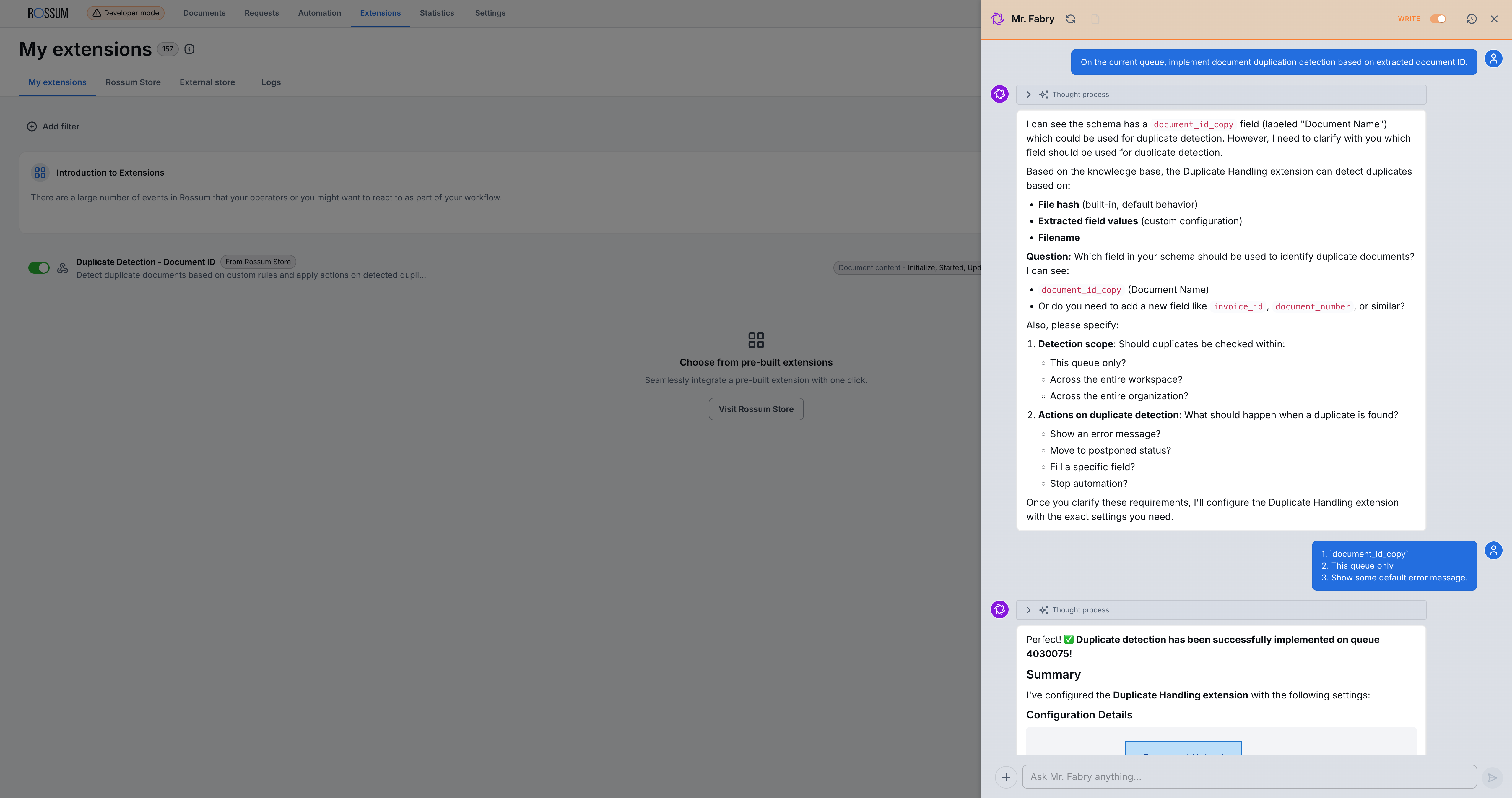 Mr. Fabry walking through Duplicate Handling extension setup step-by-step, showing live tool calls to create hooks and configure matching rules through natural conversation
