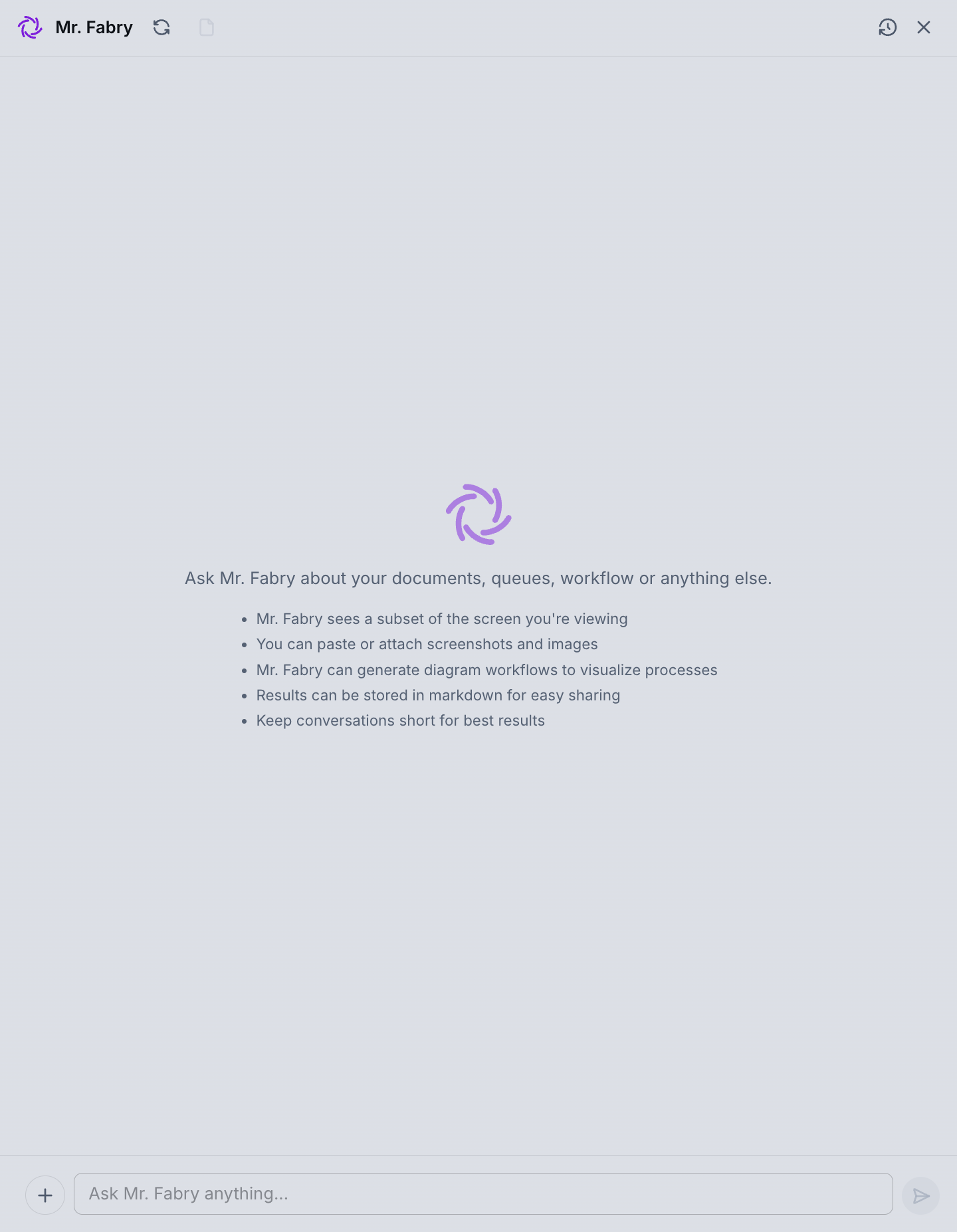 Mr. Fabry welcome screen inside Rossum with quick-start prompts for analyzing queues, debugging hooks, and setting up workflows